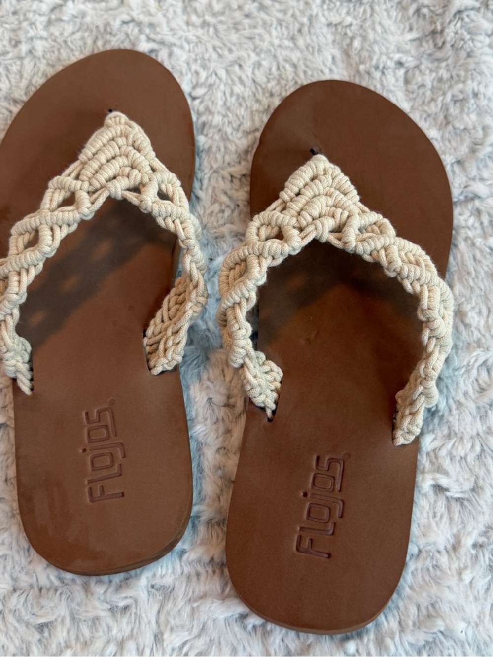 Flojos Brown Footbed Sandals with Cream Macramé Straps